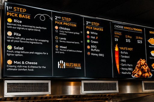 Haji's Halal in-store menu board — Pick Base, Pick Protein, Pick Sauces, Wings & Tenders